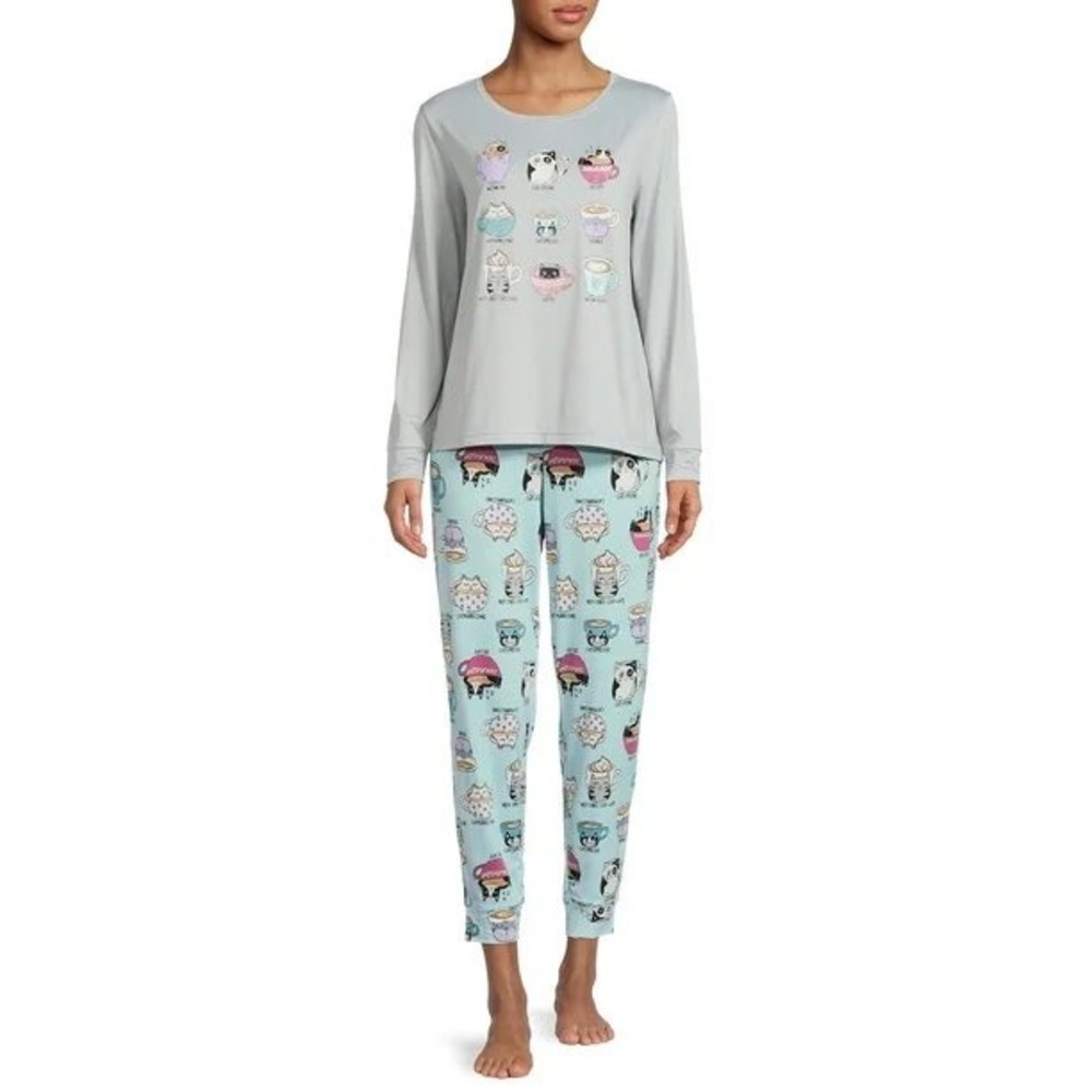 Secret Treasures Coffee Cats XL Pajama Set Grey Blue Cat-feine Joggers‎